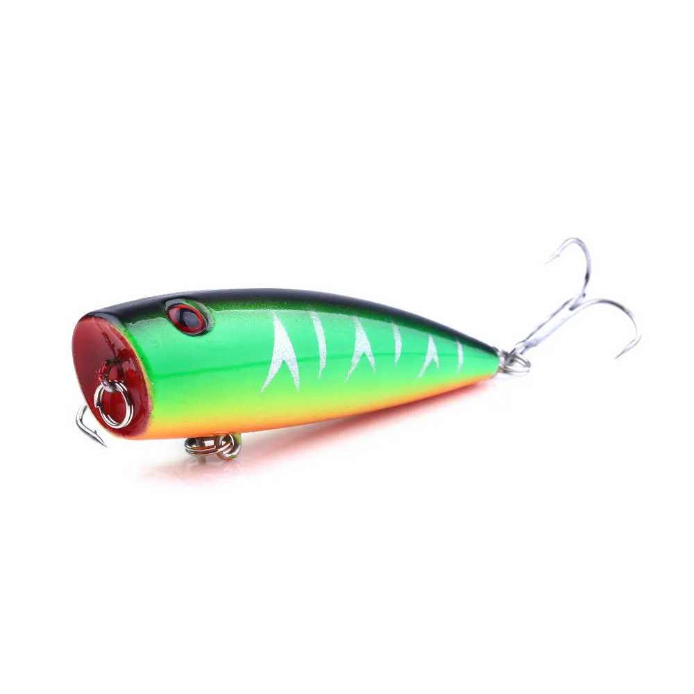 Five colourful 7cm ABS plastic freshwater fishing lures with 6# hooks on display