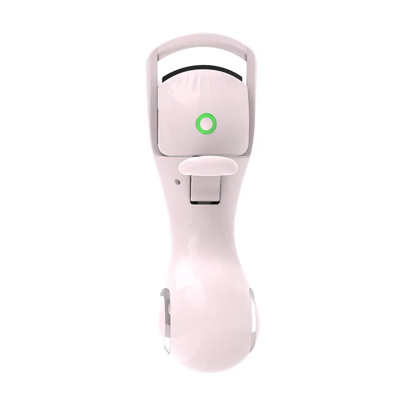 Electric eyelash curler with three-speed temperature control, plastic body and silicone pad, USB charging, available in pink or white