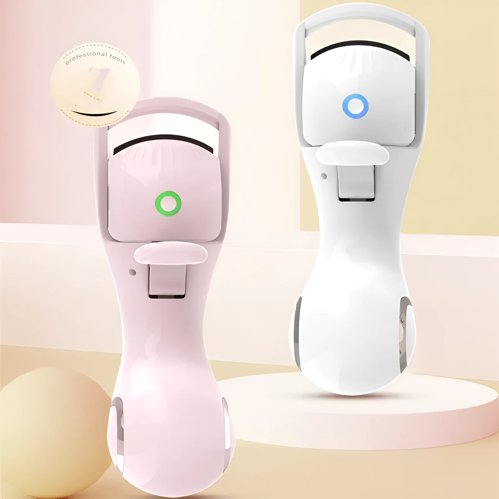 Electric eyelash curler with three-speed temperature control, plastic body and silicone pad, USB charging, available in pink or white
