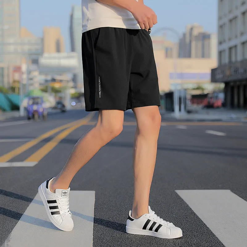 Men's quick-dry cotton five-point sports shorts in grey, black, and blue with elastic waist and drawstring, sizes L to 10XL