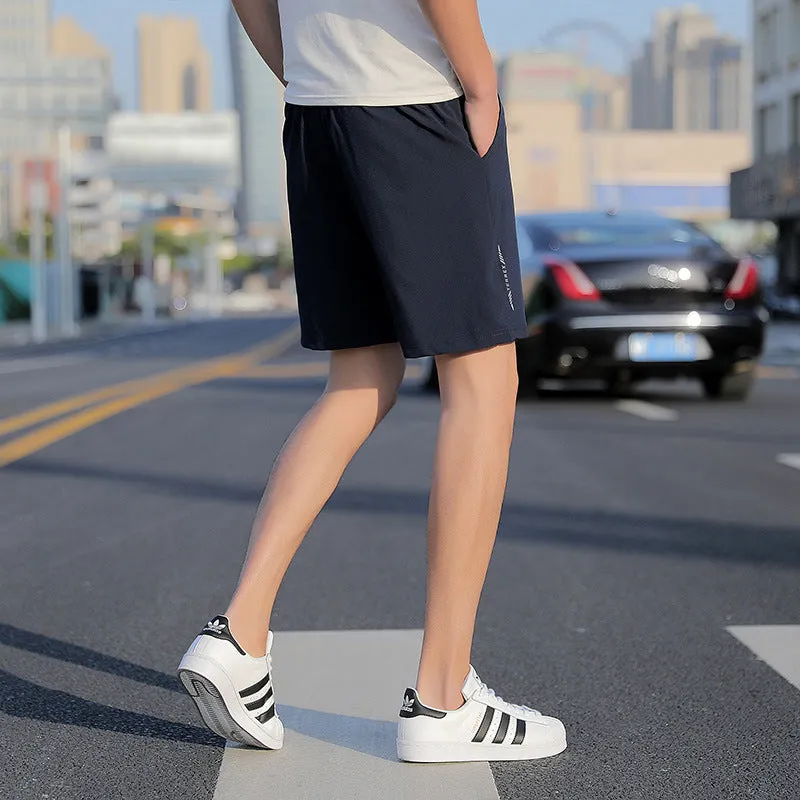 Men's quick-dry cotton five-point sports shorts in grey, black, and blue with elastic waist and drawstring, sizes L to 10XL