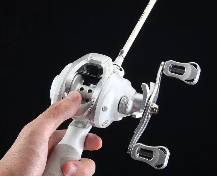 White drop wheel fishing reel with left or right hand retrieve for micro jigging and bait casting