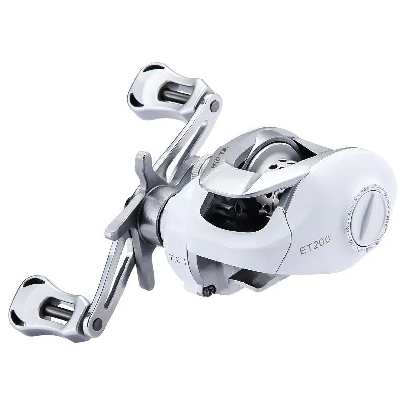 Small white ET Drop Wheel bait casting fishing reel on a neutral background.