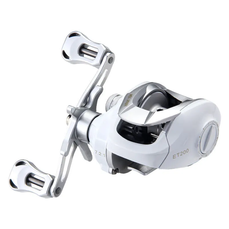 Small white ET Drop Wheel bait casting fishing reel on a neutral background.