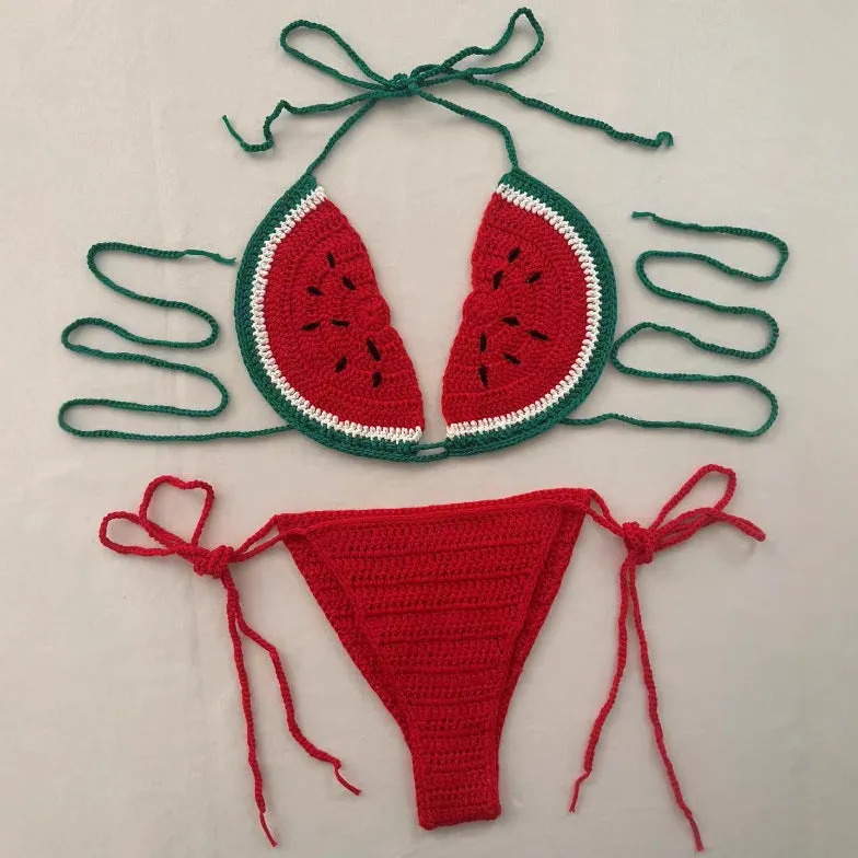 Handmade crocheted two-piece bikini set in mixed colour with lace-up shoulder straps on a model