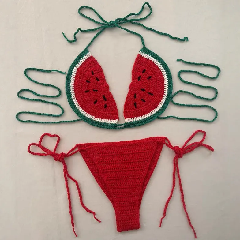 Handmade crocheted two-piece bikini set in mixed colour with lace-up shoulder straps on a model