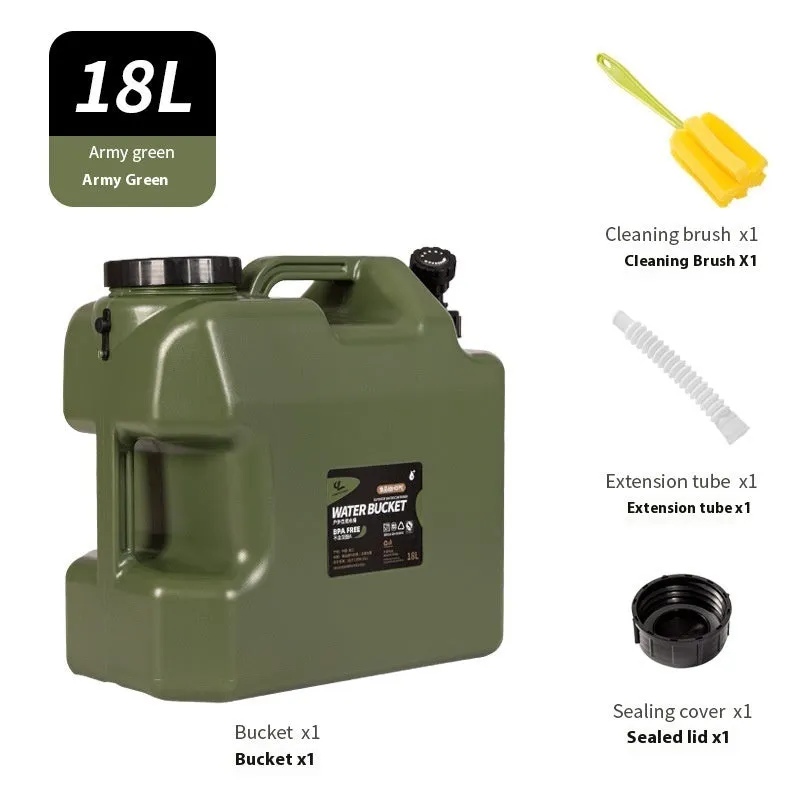 Army green thickened PE portable water storage tank with cap, available in 10L 18L 25L capacities