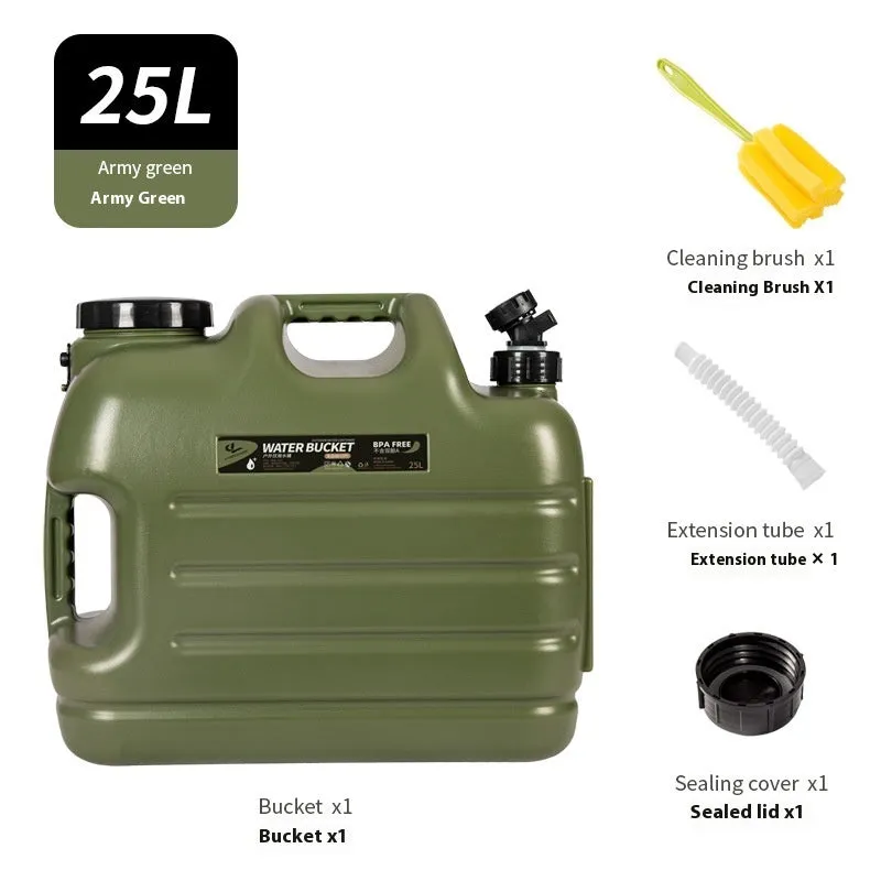 Army green thickened PE portable water storage tank with cap, available in 10L 18L 25L capacities