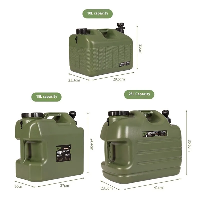 Army green thickened PE portable water storage tank with cap, available in 10L 18L 25L capacities