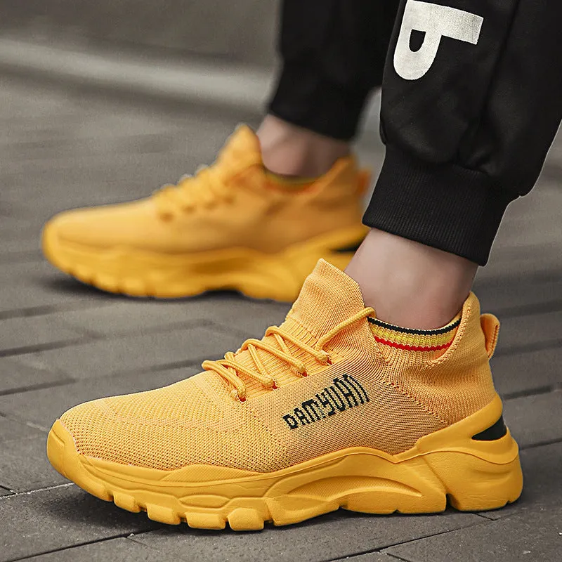 Korean fashion lace-up running shoes with breathable mesh interior, thick bottom heel, and car suture detail in black, green, white, yellow