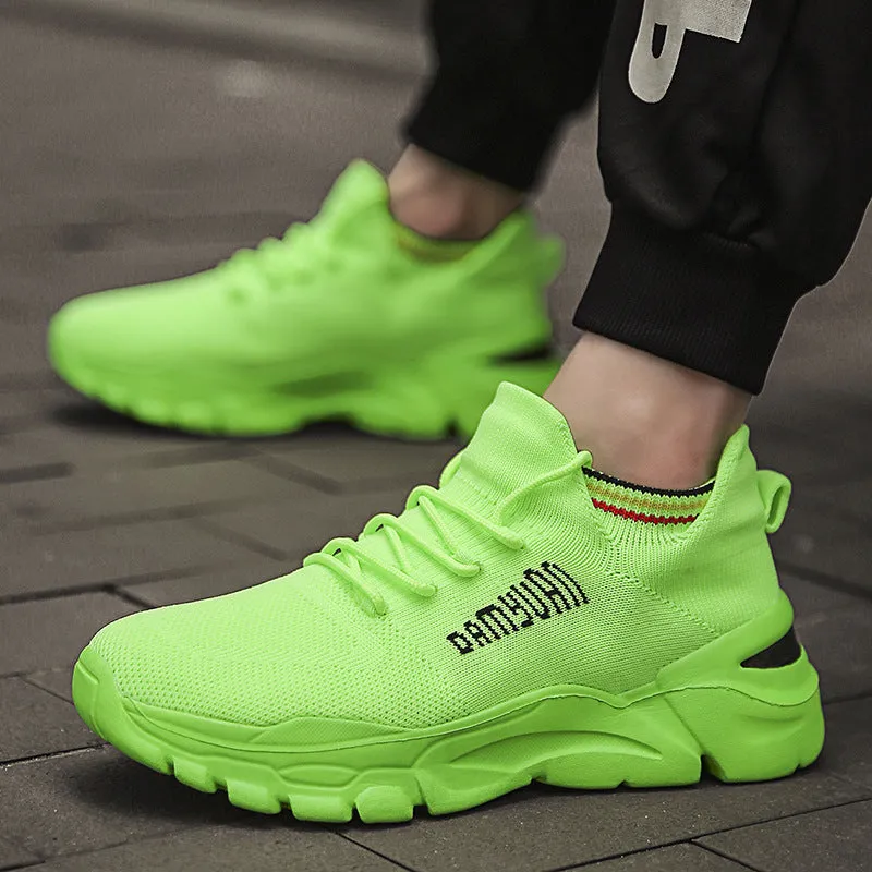 Korean fashion lace-up running shoes with breathable mesh interior, thick bottom heel, and car suture detail in black, green, white, yellow