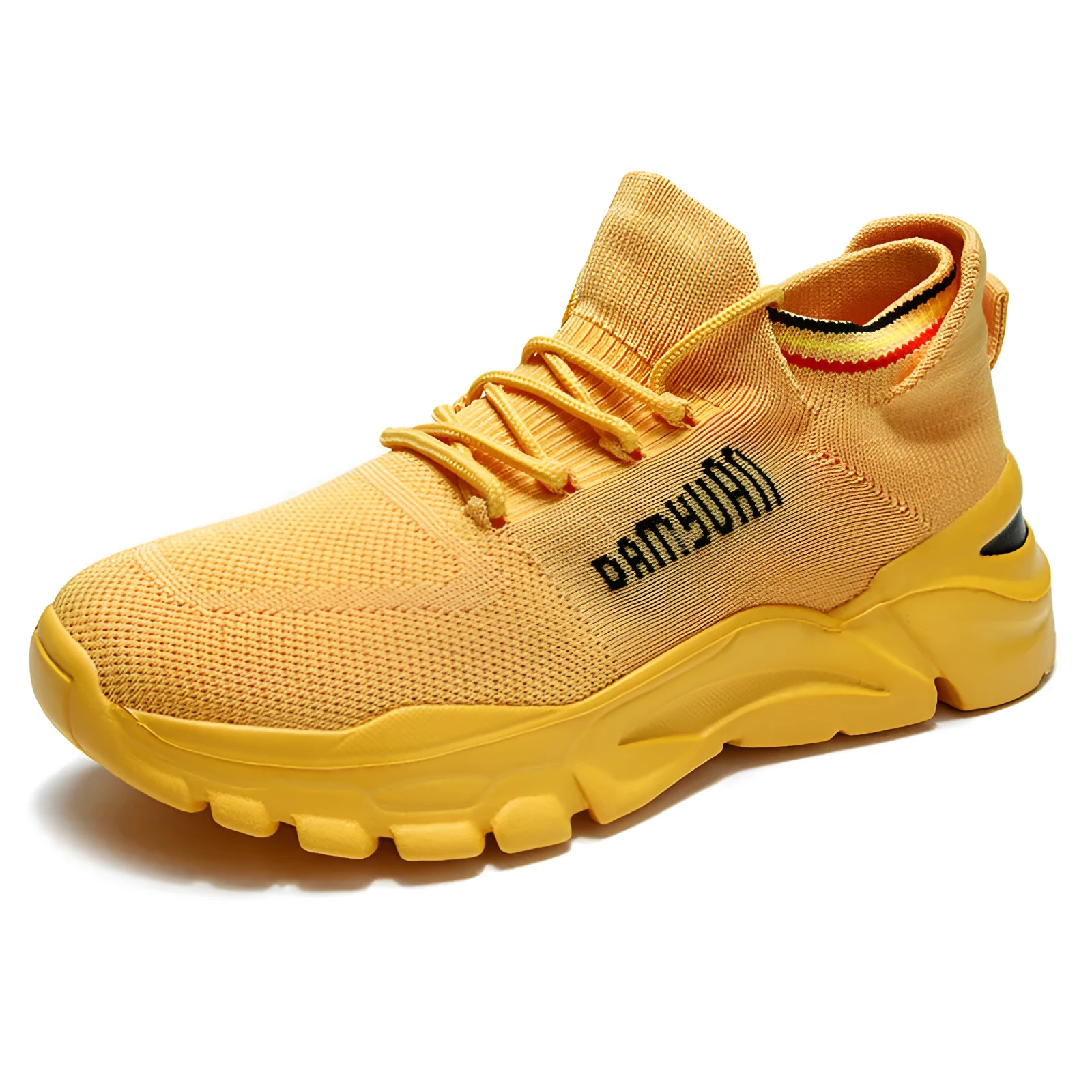 Korean fashion lace-up running shoes with breathable mesh interior, thick bottom heel, and car suture detail in black, green, white, yellow