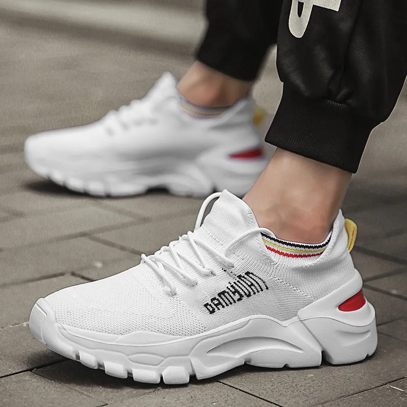 Korean fashion lace-up running shoes with breathable mesh interior, thick bottom heel, and car suture detail in black, green, white, yellow