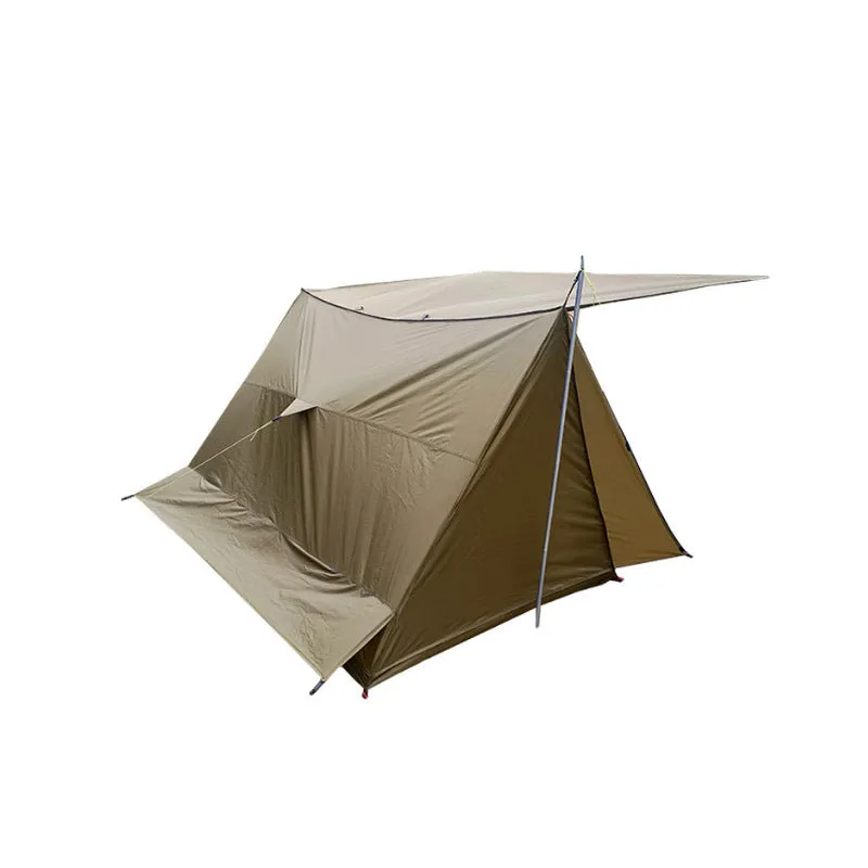 Brown two-person lightweight waterproof camping shelter tent with aluminium alloy frame set up outdoors