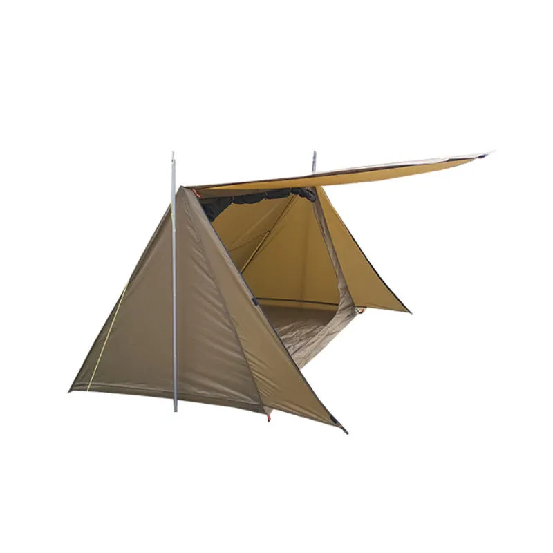Brown two-person lightweight waterproof camping shelter tent with aluminium alloy frame set up outdoors