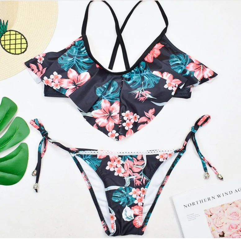 Split swimsuit with bohemian leaf print, black colour, polyester digital printing, chest pad, sizes S M L XL