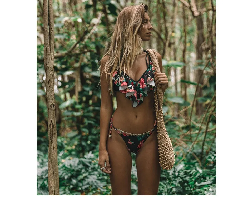 Split swimsuit with bohemian leaf print, black colour, polyester digital printing, chest pad, sizes S M L XL