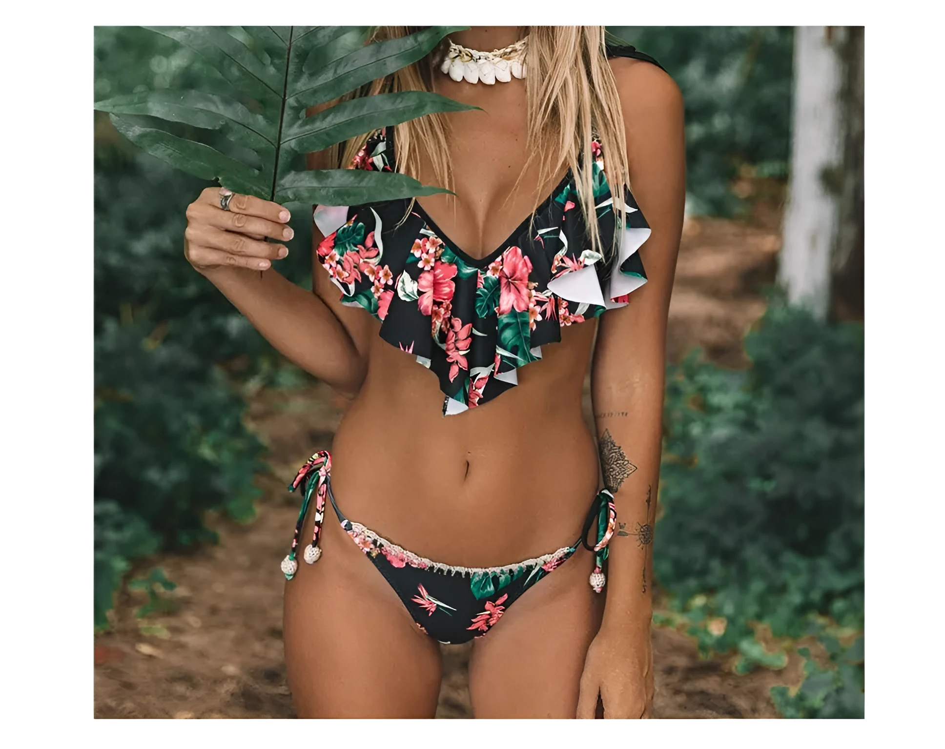 Split swimsuit with bohemian leaf print, black colour, polyester digital printing, chest pad, sizes S M L XL
