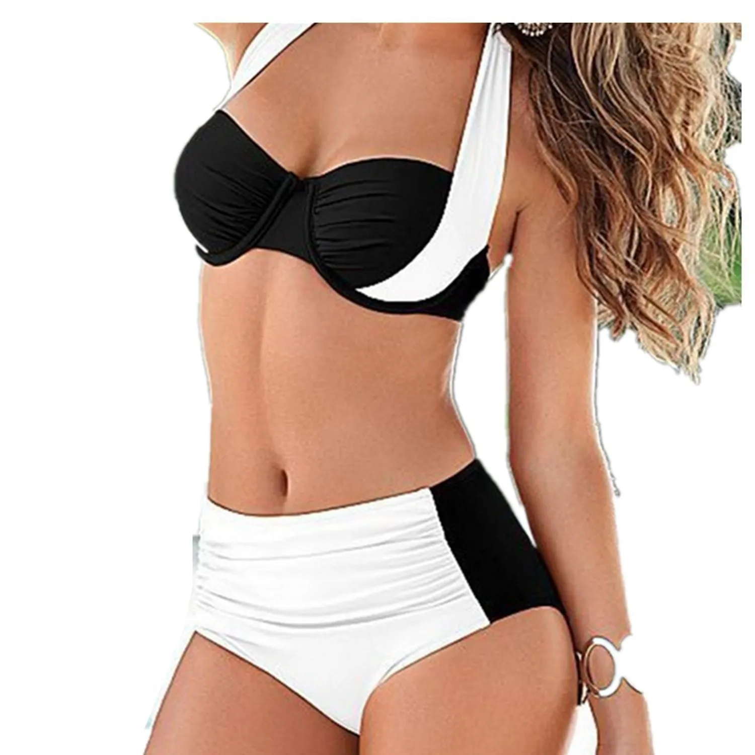 Women's halter bikini swimsuit high-waist with steel support chest pad solid colour floral gradient navy backless