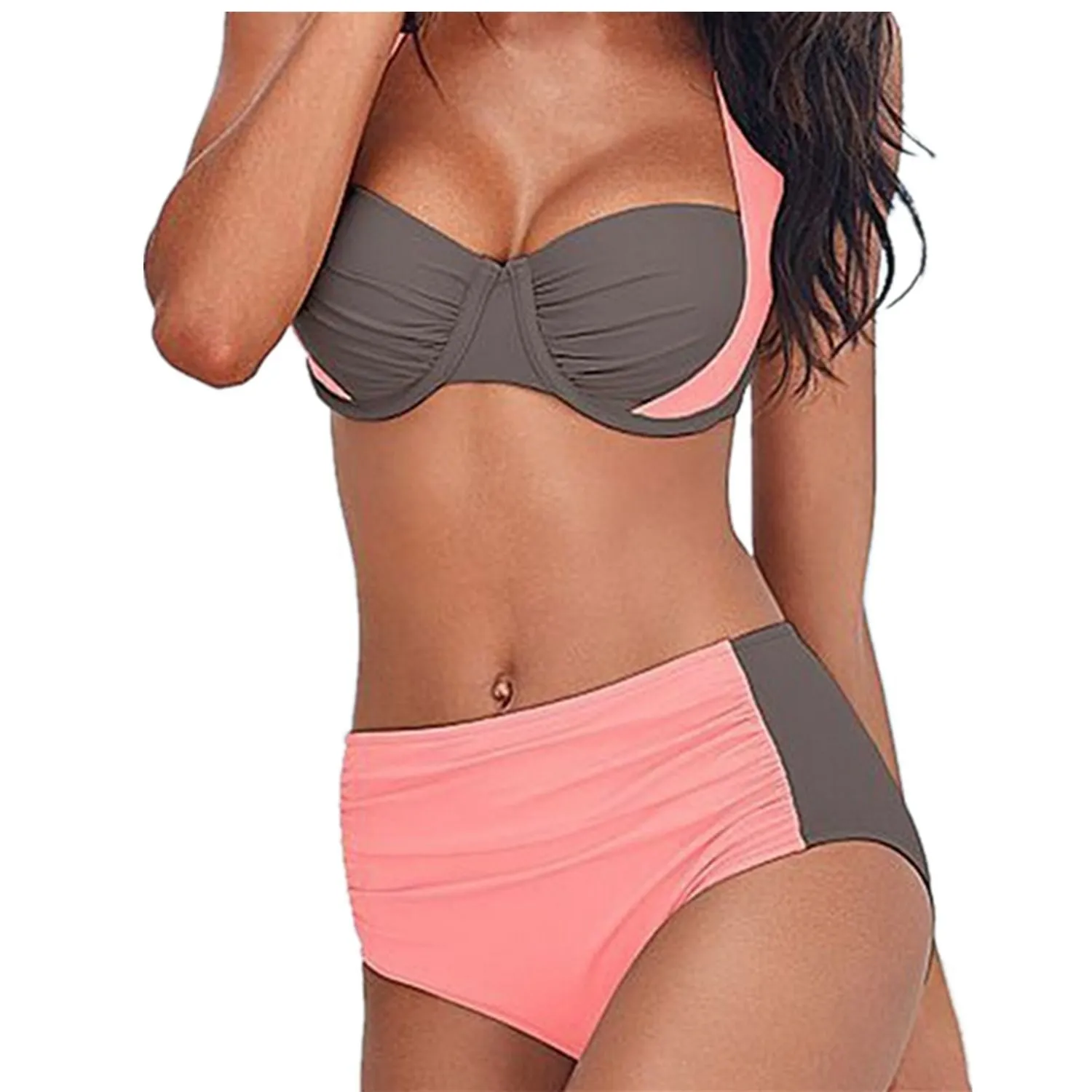 Women's halter bikini swimsuit high-waist with steel support chest pad solid colour floral gradient navy backless