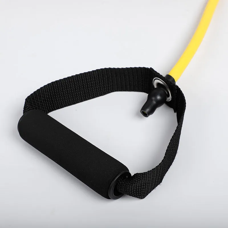 Five colour-coded latex resistance band pull ropes in black, blue, green, purple, red, and yellow on light background