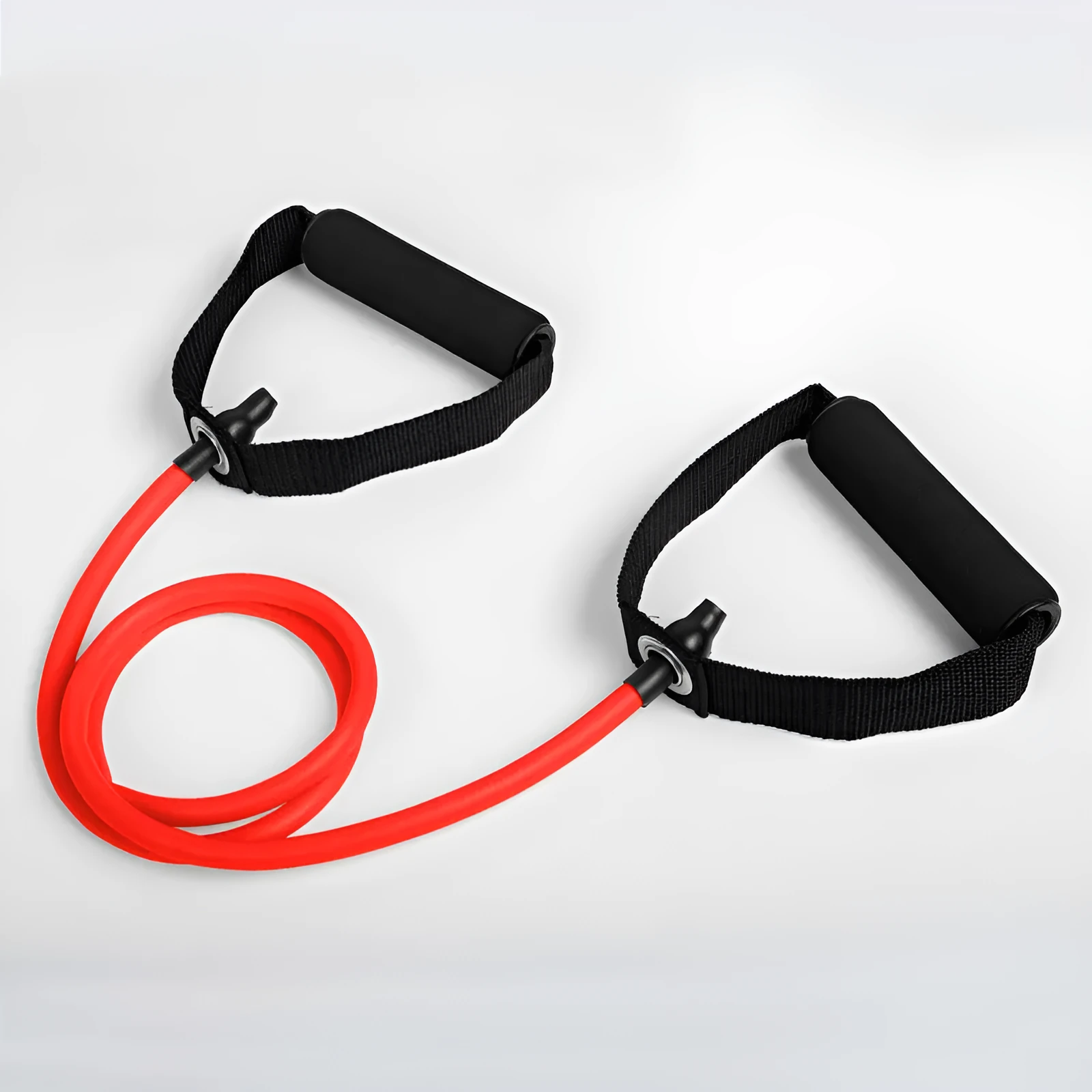 Five colour-coded latex resistance band pull ropes in black, blue, green, purple, red, and yellow on light background