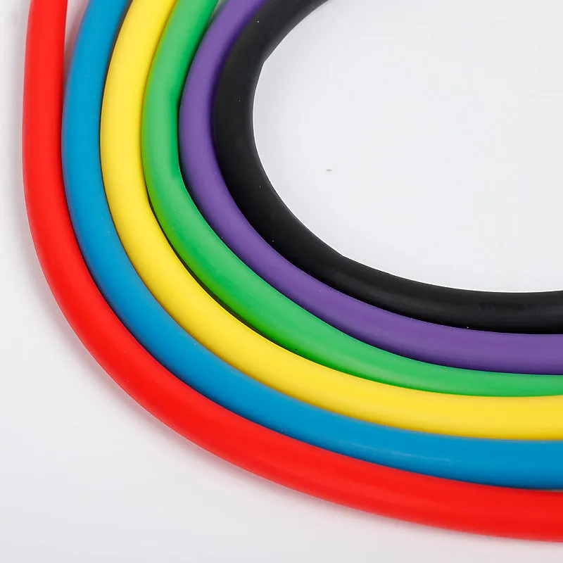 Five colour-coded latex resistance band pull ropes in black, blue, green, purple, red, and yellow on light background