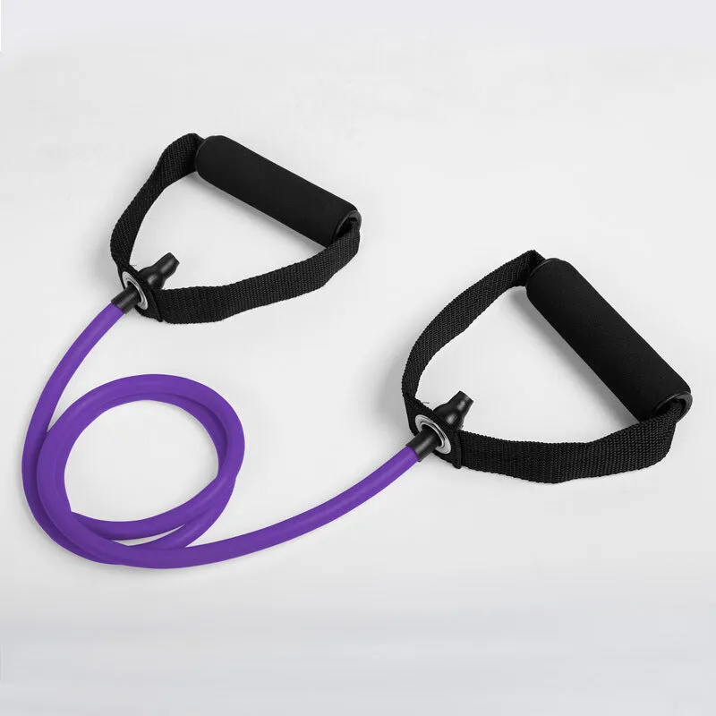 Five colour-coded latex resistance band pull ropes in black, blue, green, purple, red, and yellow on light background