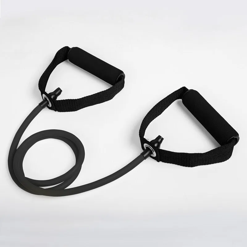 Five colour-coded latex resistance band pull ropes in black, blue, green, purple, red, and yellow on light background