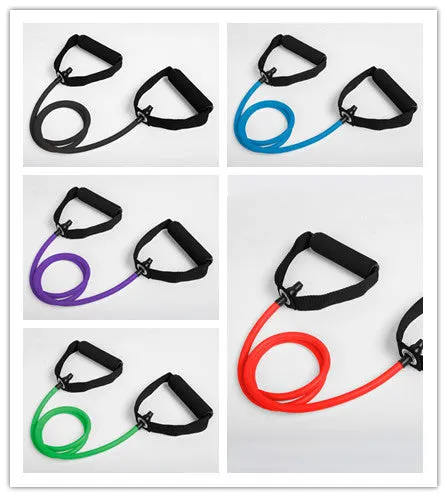 Five colour-coded latex resistance band pull ropes in black, blue, green, purple, red, and yellow on light background
