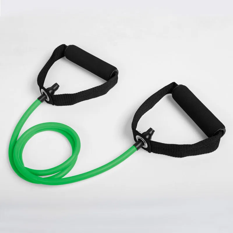 Five colour-coded latex resistance band pull ropes in black, blue, green, purple, red, and yellow on light background