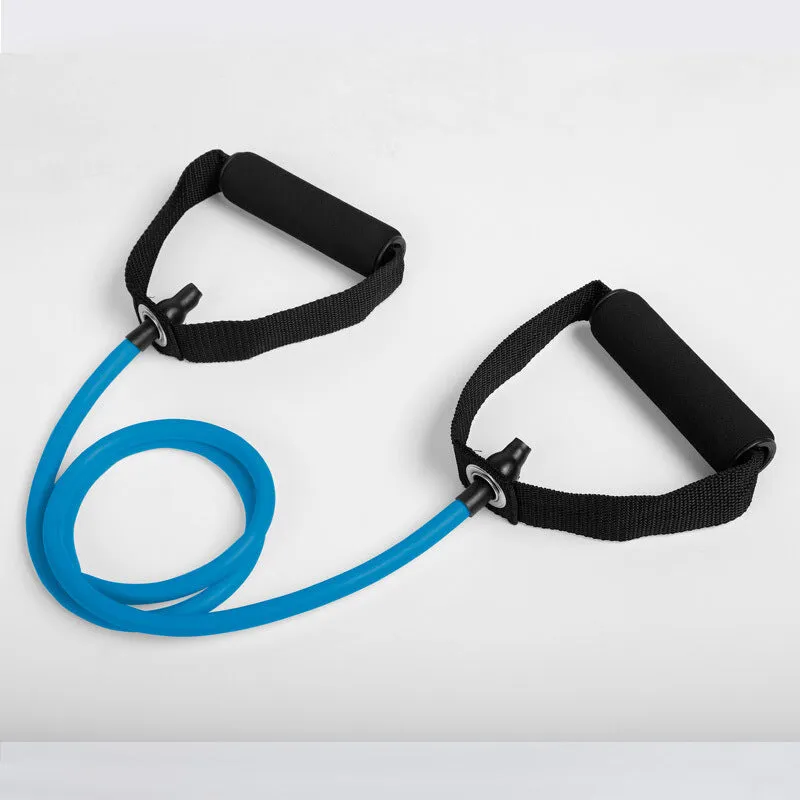 Five colour-coded latex resistance band pull ropes in black, blue, green, purple, red, and yellow on light background