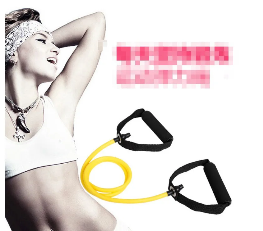 Five colour-coded latex resistance band pull ropes in black, blue, green, purple, red, and yellow on light background