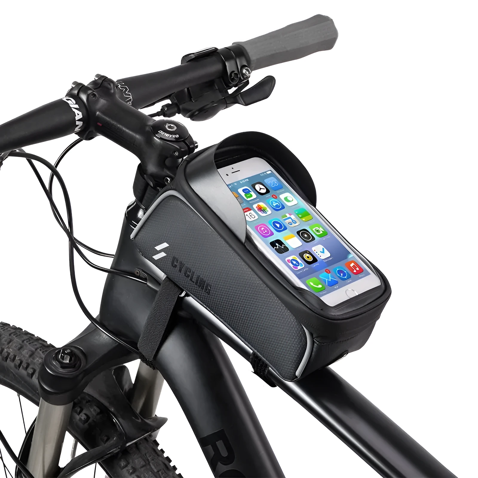 Black 1L handlebar crossbeam bag with TPU touch film window and Velcro straps, shown on a bicycle frame