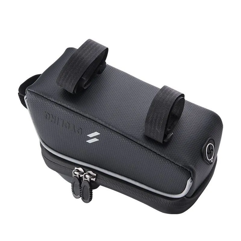 Black 1L handlebar crossbeam bag with TPU touch film window and Velcro straps, shown on a bicycle frame