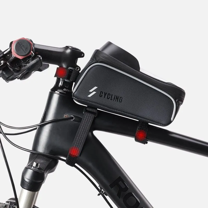 Black 1L handlebar crossbeam bag with TPU touch film window and Velcro straps, shown on a bicycle frame