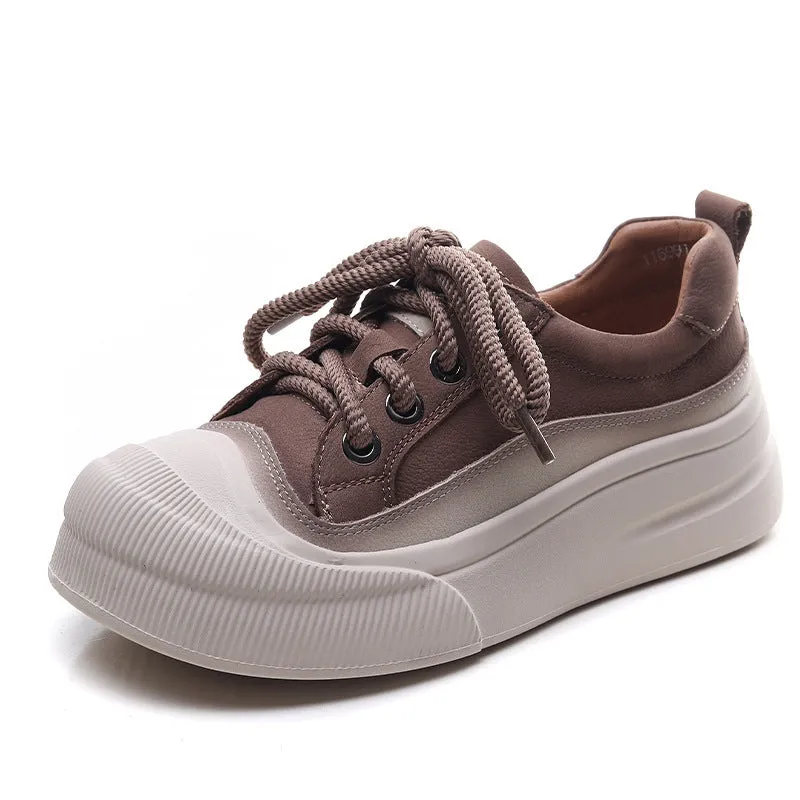 Women's yellow and brown cow leather lace-up casual shoes with round toe and rubber sole
