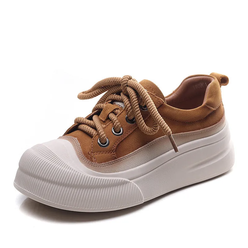 Women's yellow and brown cow leather lace-up casual shoes with round toe and rubber sole