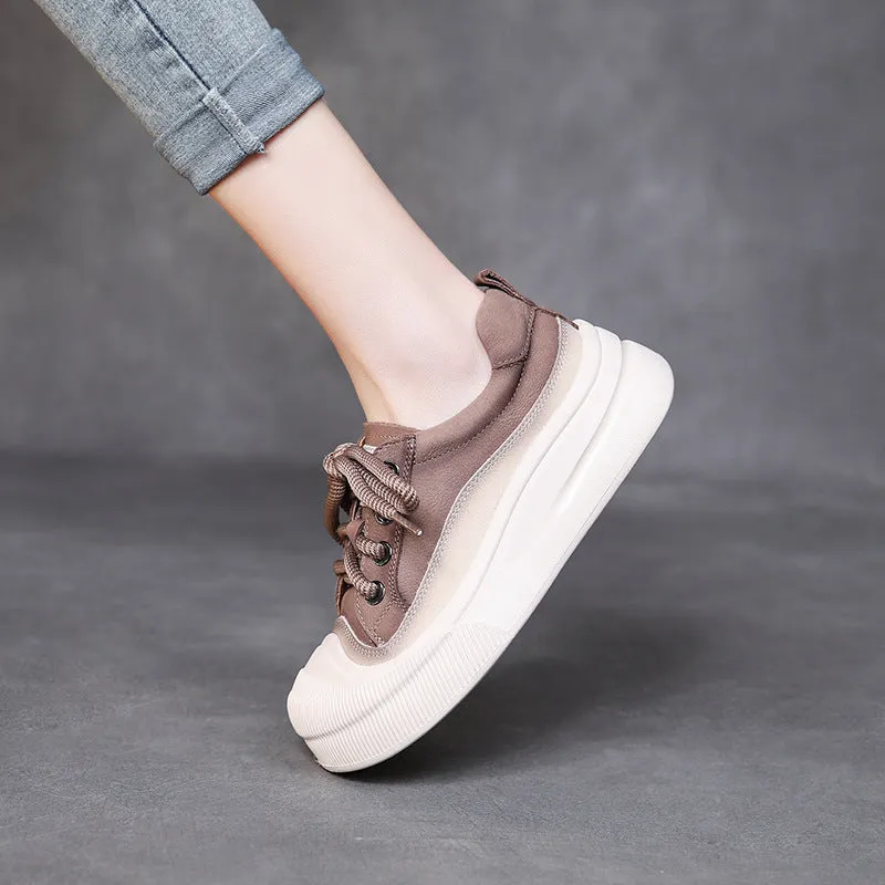 Women's yellow and brown cow leather lace-up casual shoes with round toe and rubber sole