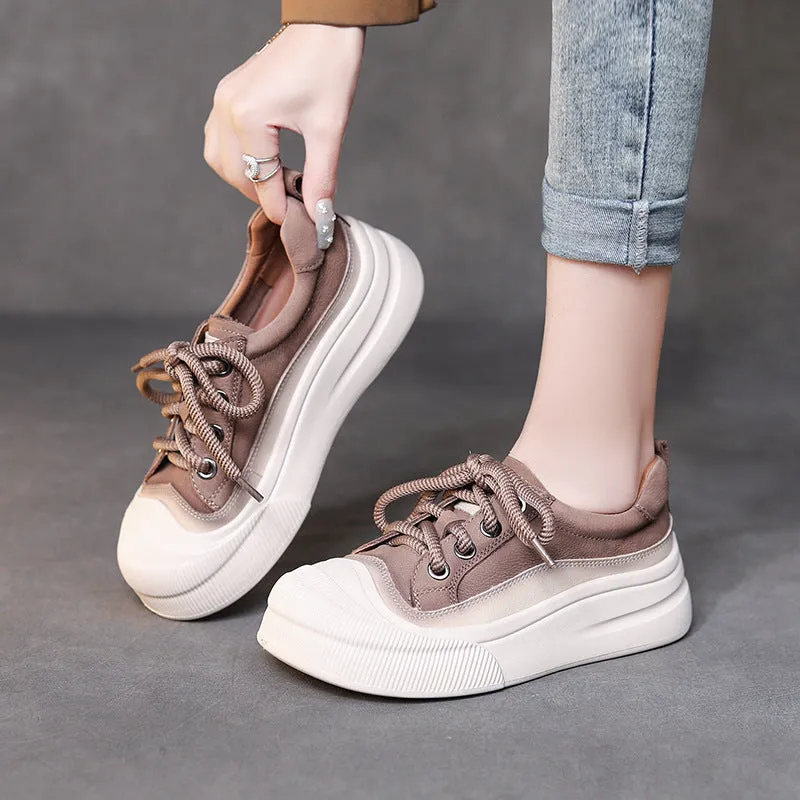 Women's yellow and brown cow leather lace-up casual shoes with round toe and rubber sole