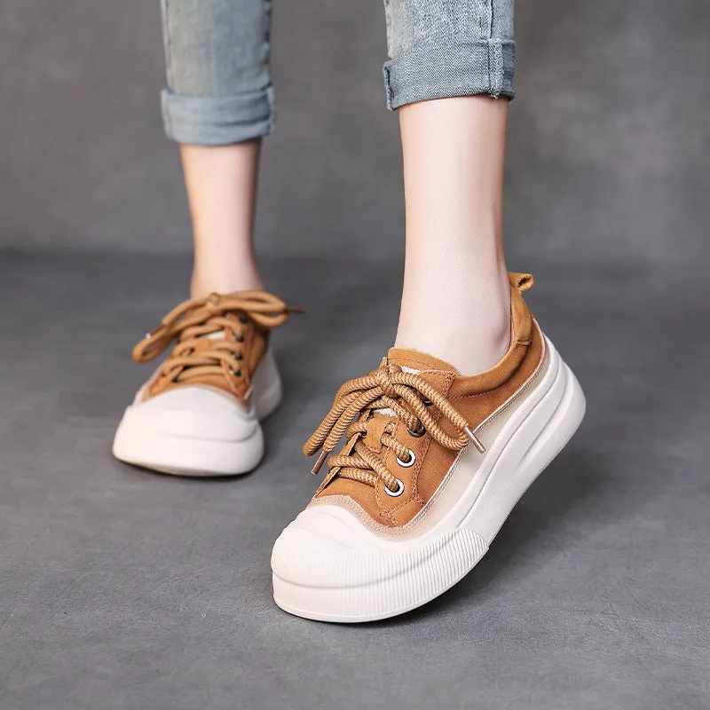 Women's yellow and brown cow leather lace-up casual shoes with round toe and rubber sole