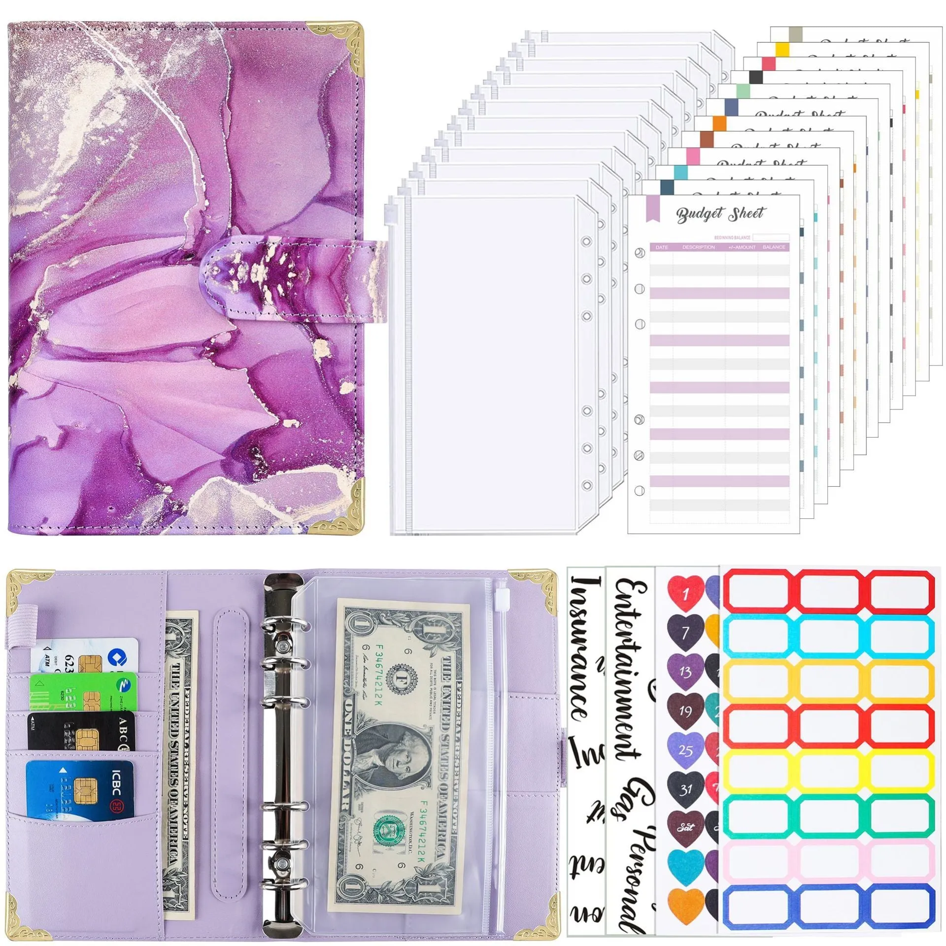 A6 loose-leaf budget notebook with UV blue gray printed cover, ring binder, and budget cards set
