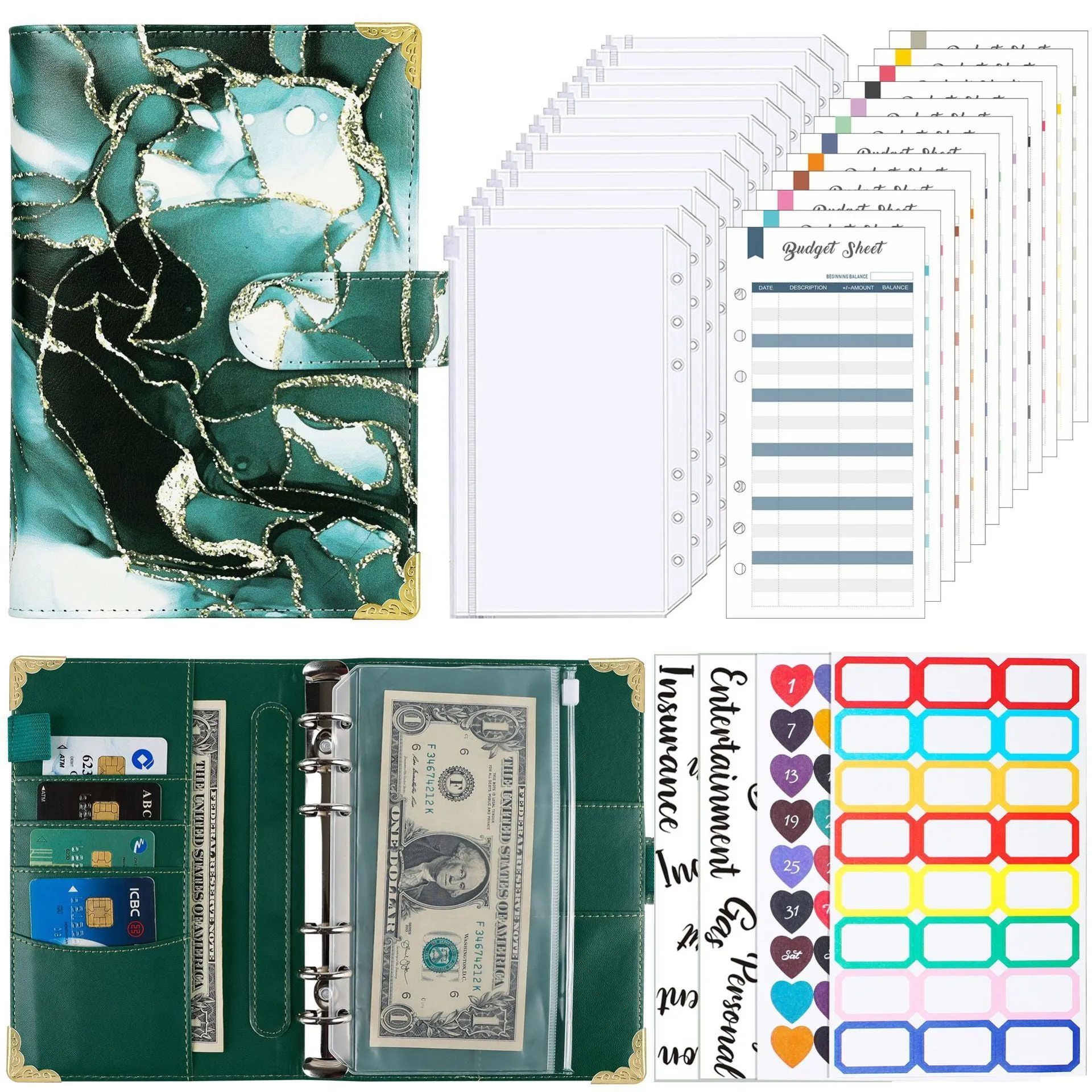A6 loose-leaf budget notebook with UV blue gray printed cover, ring binder, and budget cards set