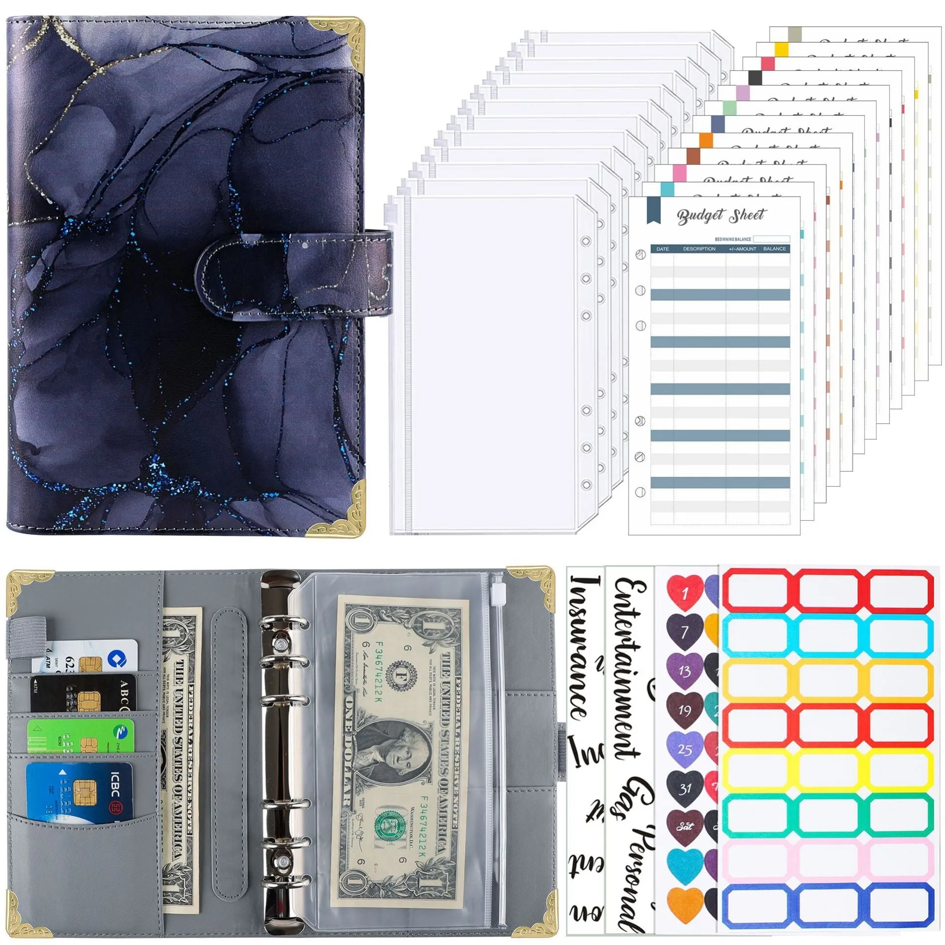 A6 loose-leaf budget notebook with UV blue gray printed cover, ring binder, and budget cards set