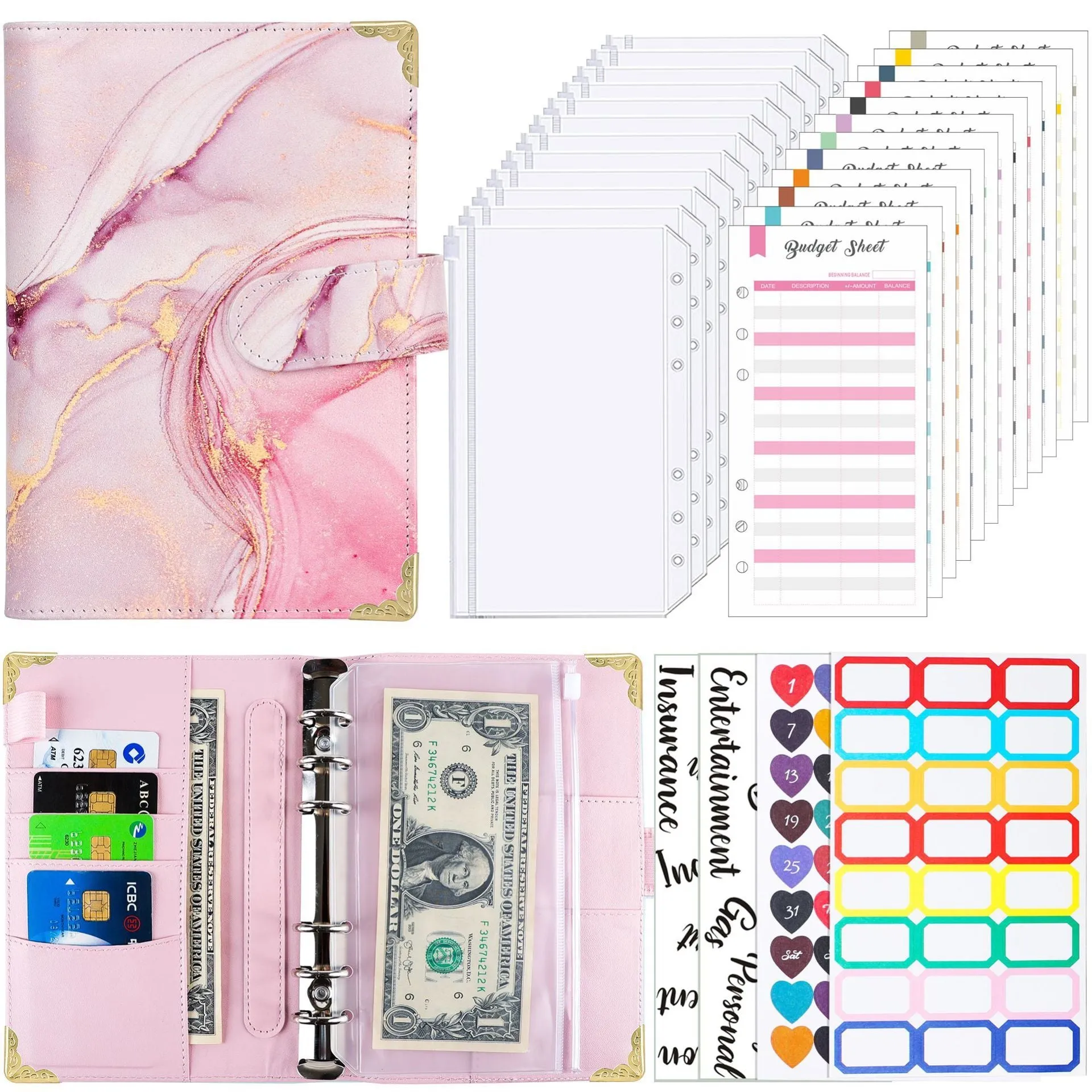A6 loose-leaf budget notebook with UV blue gray printed cover, ring binder, and budget cards set
