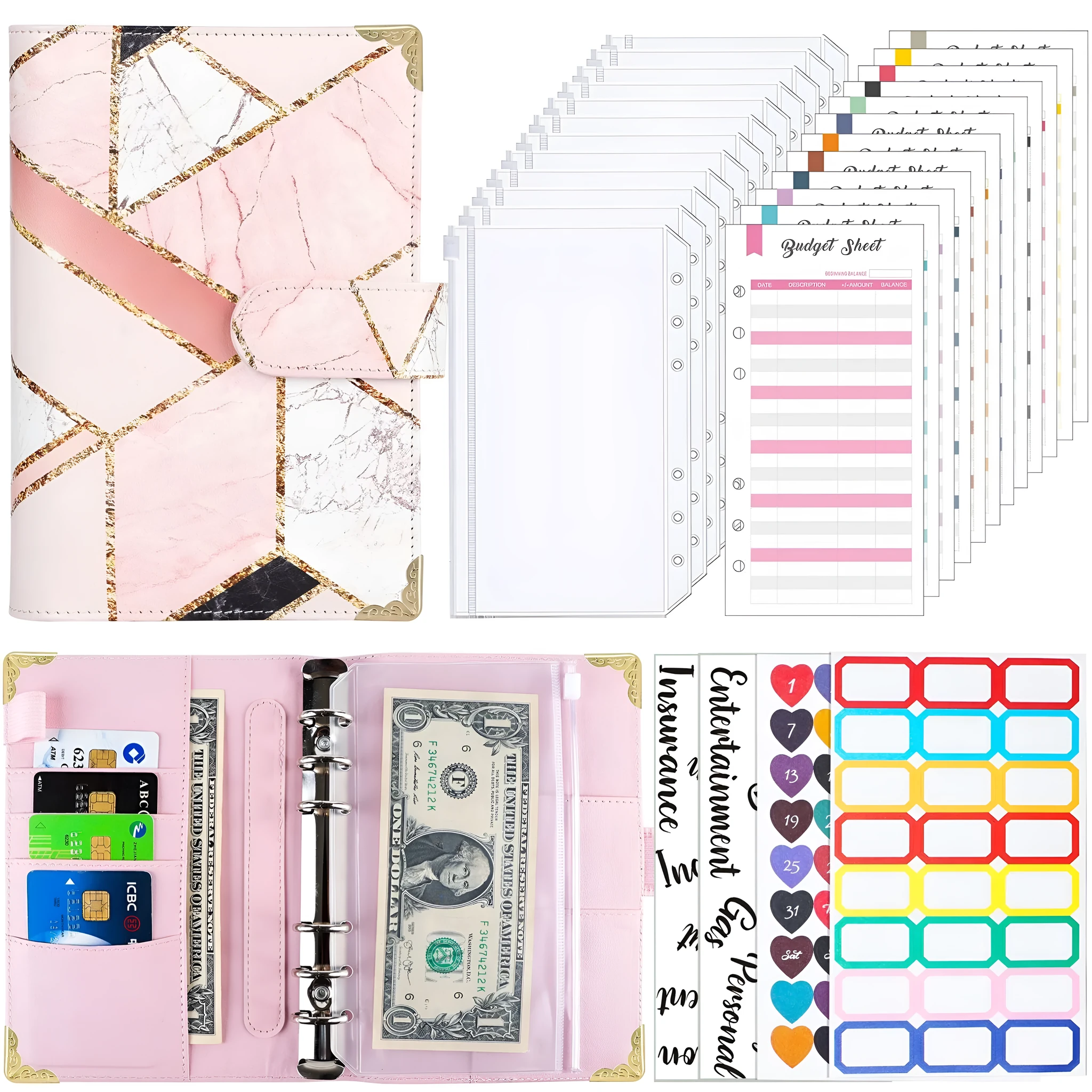 A6 loose-leaf budget notebook with UV blue gray printed cover, ring binder, and budget cards set