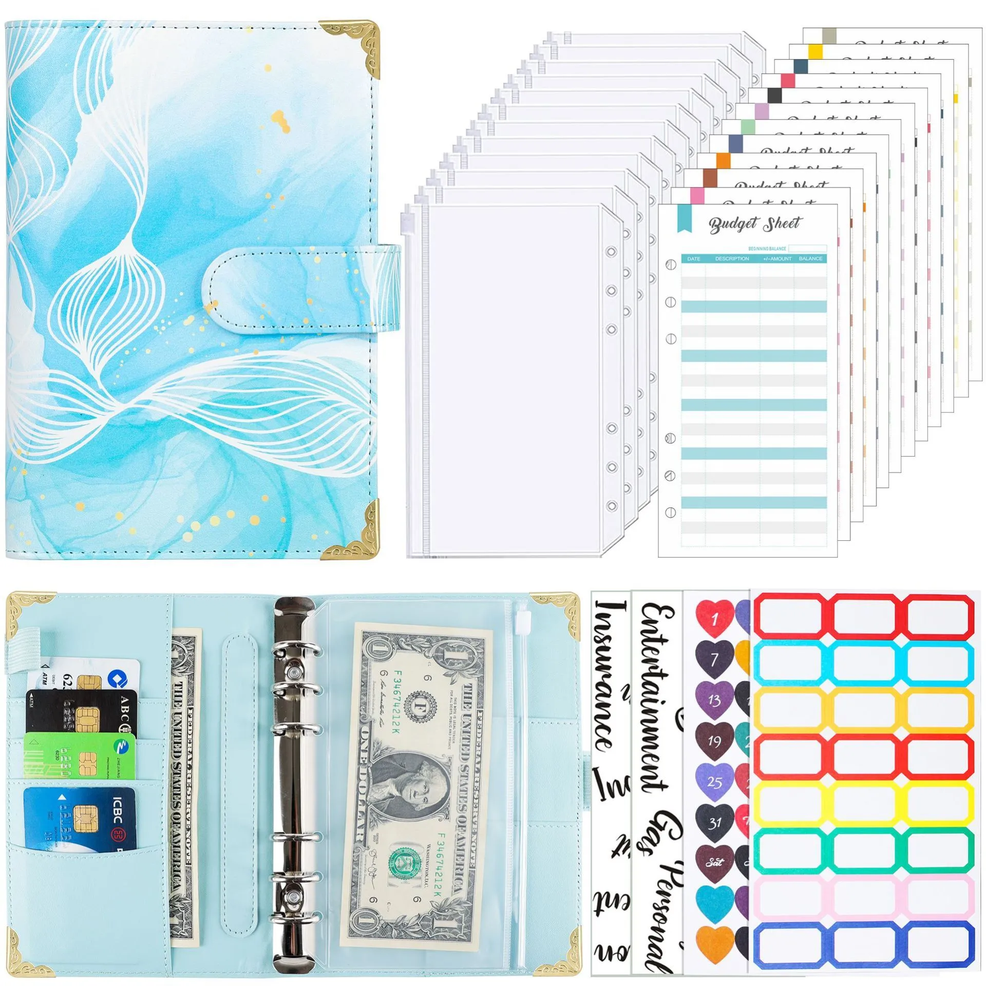 A6 loose-leaf budget notebook with UV blue gray printed cover, ring binder, and budget cards set