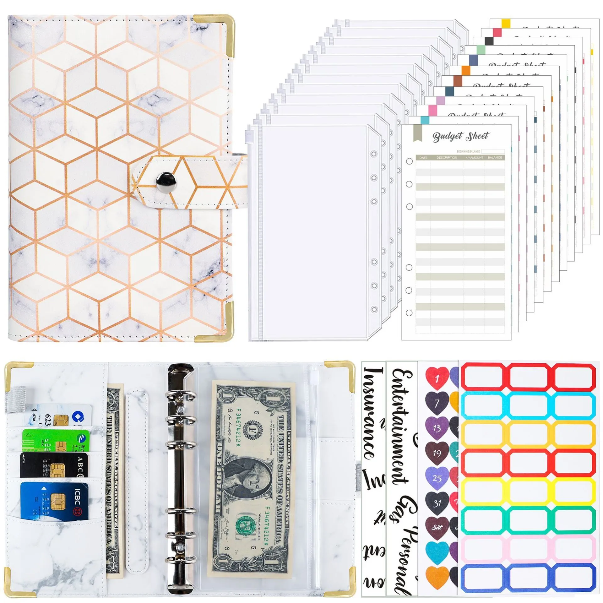 A6 loose-leaf budget notebook with UV blue gray printed cover, ring binder, and budget cards set