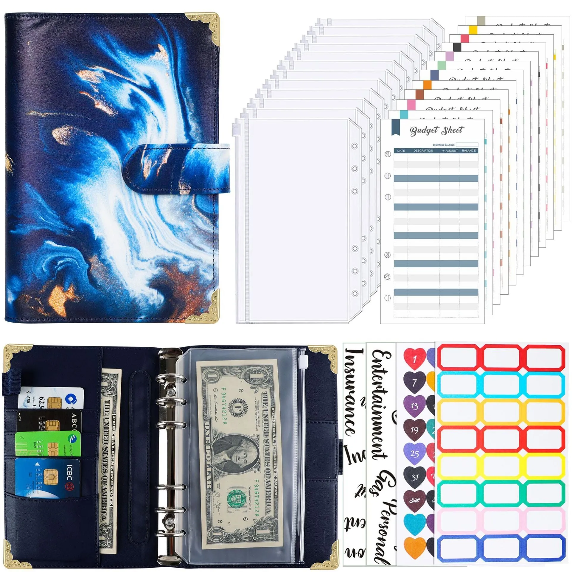 A6 loose-leaf budget notebook with UV blue gray printed cover, ring binder, and budget cards set