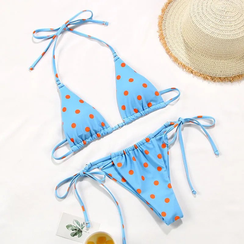 Women's polka dot split swimsuit bikini set with polyester lining in multiple colour options